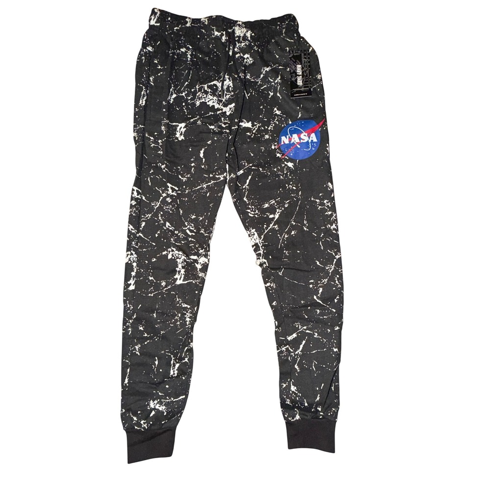 Navy Yard NASA Mens Small Black Marble Print Fleece Joggers Sweatpants NWT